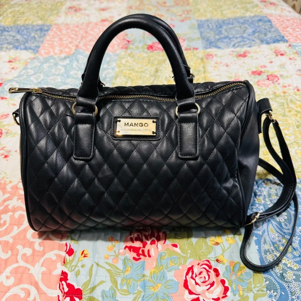 Mango Quilted Black Faux Leather Satchel Handbag Gold Hardware Crossbody Strap‎